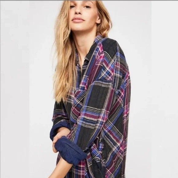 Free People Nordic Side Lace-Up Flannel Button Down Top Size Large - Picture 2 of 10